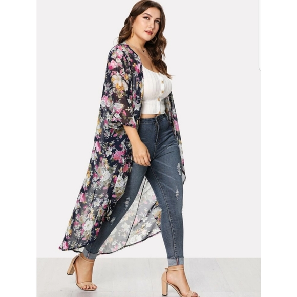 Navy Floral Long Kimono - Picture 2 of 4